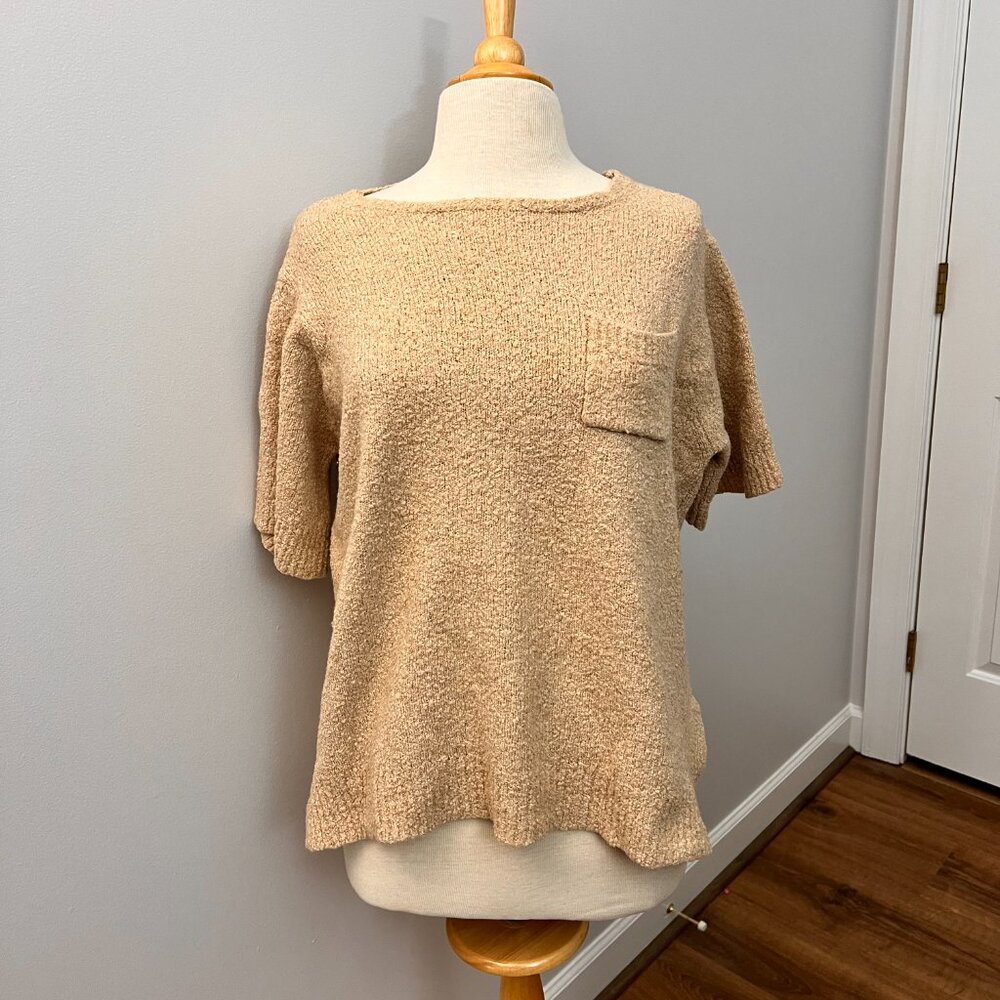 Tory Burch Tan Textured Short Sleeve Wool Blend Sweater Sz XL